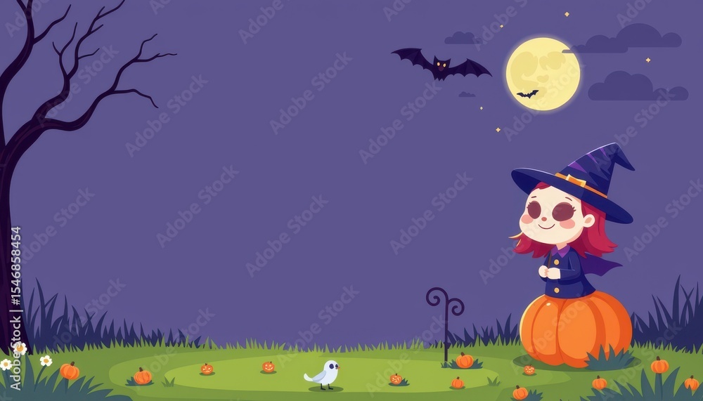 Fototapeta premium cartoon halloween illustration in pastel style, cute and festive themed design with a spooky twist, subject positioned on the right with clear copy space on the left for photos.