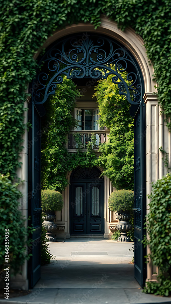 Fototapeta premium Ornate Black Iron Archway Entrance Overgrown with Greenery Leading to a Building vertical