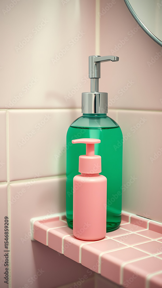 Obraz premium Mint Green Soap Bottle with Pink Dispenser on Pink Tile Bathroom Shelf vertical