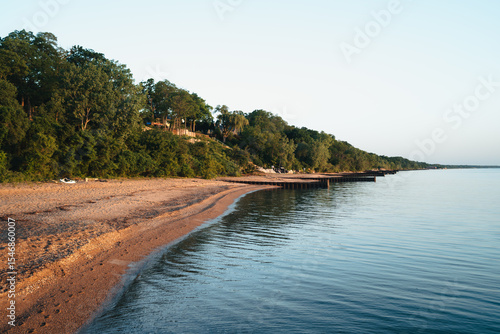 Sandy beach by the Lake Michigan at Chicago during sunrise, Chicago, Illinois, USA