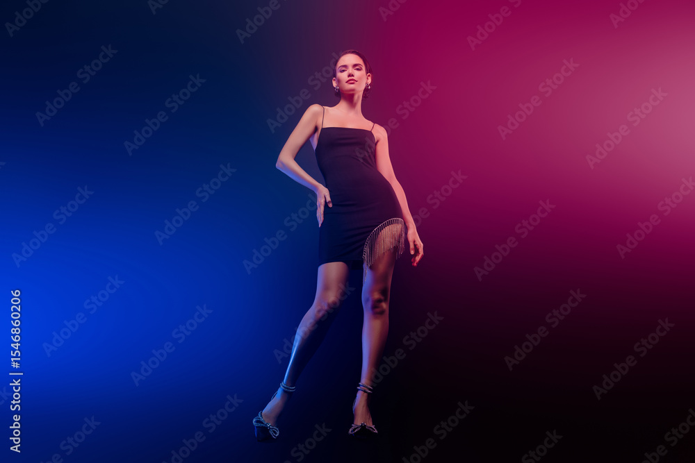 Fototapeta premium Full length photo of shiny gorgeous lady wear seductive look enjoy ballroom dance isolated blue color background