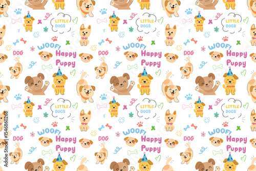 Seamless pattern of cute cartoon puppies, bones and paw prints with text, childish vector background.