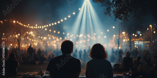 Nighttime outdoor festival with glowing string lights, a couple sitting in the foreground enjoying the atmosphere and crowd.