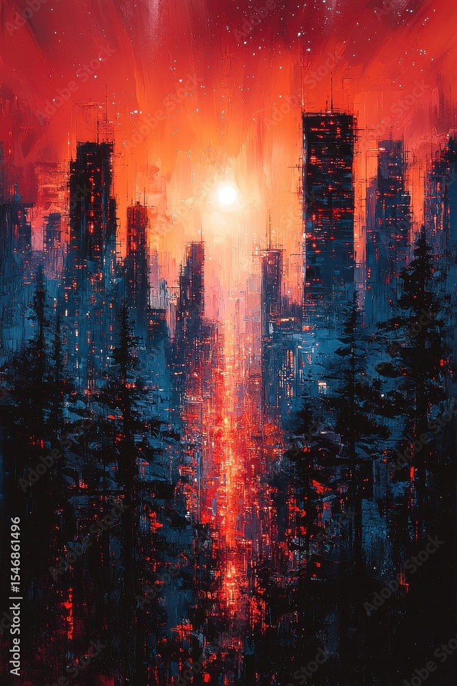 Obraz premium Bright illuminated cityscape with a forest foreground and abstract artistic elements