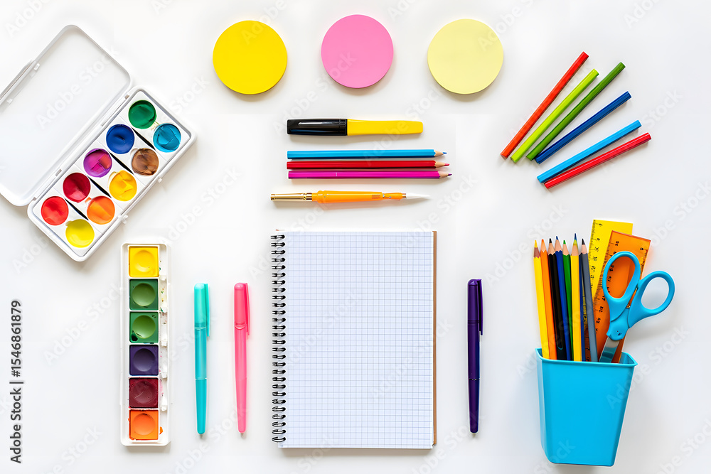 Fototapeta premium Overhead Flat Lay of Art Supplies and Stationery on a White Background, Ideal for Creative Projects, Back-to-School Themes, and Artistic Composition for Students and Professionals