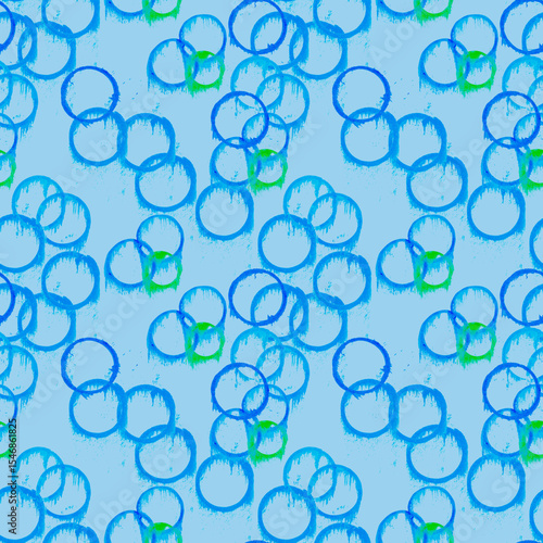 Fotografie Watercolor Rings Seamless Pattern, Abstract Blue Green Circles Repeat, Textured