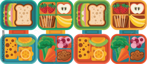 Four Colorful School Lunch Boxes with Healthy Food