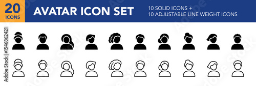 Avatar icon set – diverse female and male user symbols in solid & outline styles. For inclusive design, profile pictures, or online accounts. 10 solid glyphs and 10 adjustable stroke weight graphics.