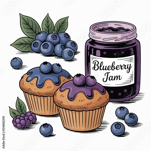 Delicious Blueberry Muffins with Jam and Fresh Berries
