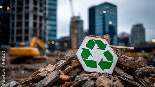 Rubble pile with recycling symbol at an urban construction site, highlighting eco-friendly waste management and sustainability in city redevelopment projects.