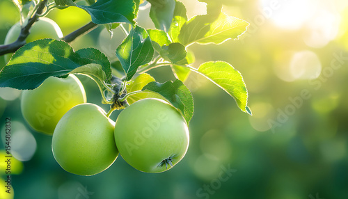 Ripe green apples hang on branches in orchard. Sweet fruits at farm. Eco background, sunny summer autumn day. Harvesting in countryside