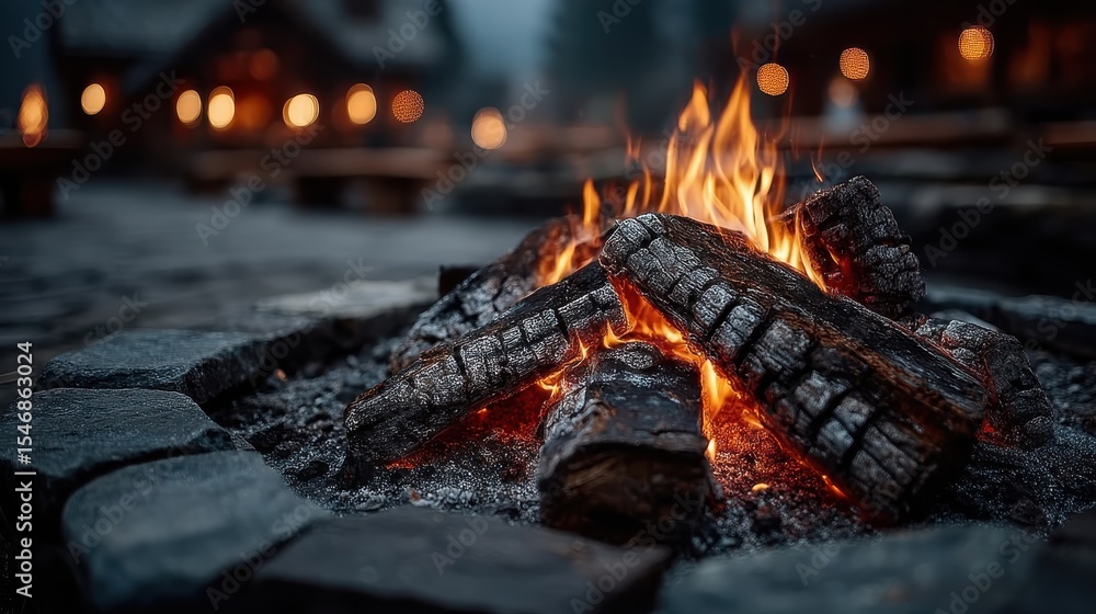 Campfire Flames Burning Logs in Stone Pit Under Evening Sky With Blurry Background Campfire Flames Burning Logs in Stone Pit Under Evening Sky With Blurry Background