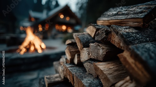 Wallpaper Mural Neatly Stacked Firewood Logs Beside a Bright Bonfire at a Log Cabin Torontodigital.ca