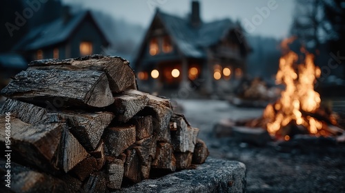 Wallpaper Mural Stack of Firewood Next to a Campfire with Rural Houses in the Background Torontodigital.ca