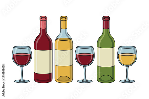 Three Wine Bottles with Glasses of Red and White Wine