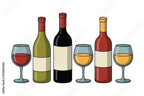 Three Wine Bottles with Two Glasses of Wine