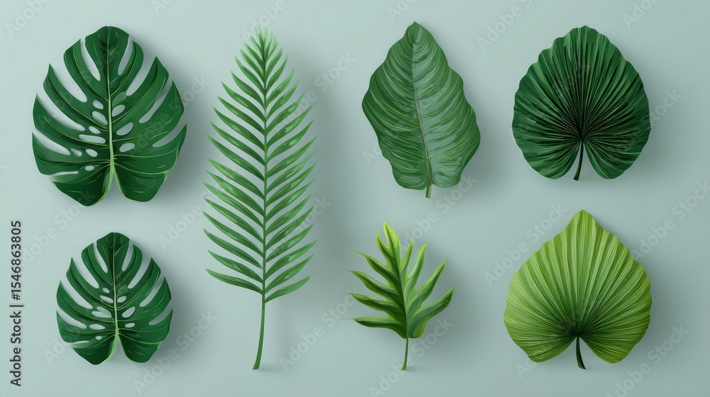 Fototapeta premium Tropic palm leaf isolated. Monstera plant leaves set.