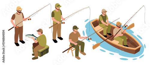 Isometric Illustration of Men Fishing in a Boat and on the Bank