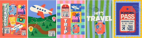 Travel, trip and summer vacation. Vector funny illustrations of suitcase, airplane, destination with labels, boarding pass, spf, camera, palm with sea for postage stamp, poster, background or card