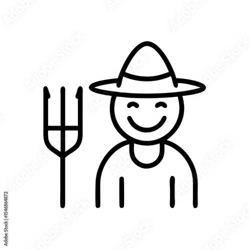 Smiling farmer with pitchfork and straw hat on transparent background