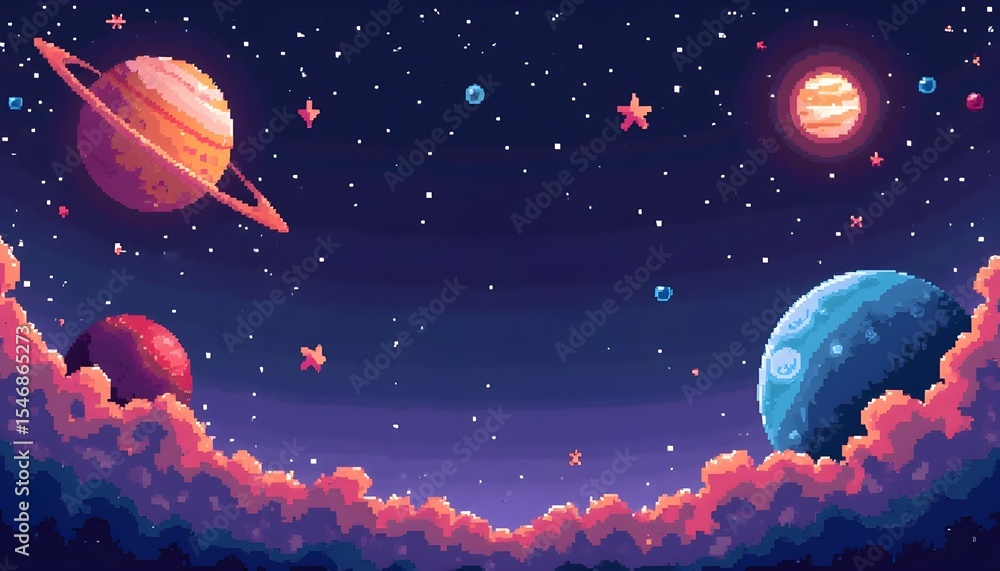 Fototapeta premium Pixel space background set - planets, stars and nebula clouds in vibrant colors. Retro 8 bit gaming sprites and pixelated cosmic elements. Minimalist aesthetic 