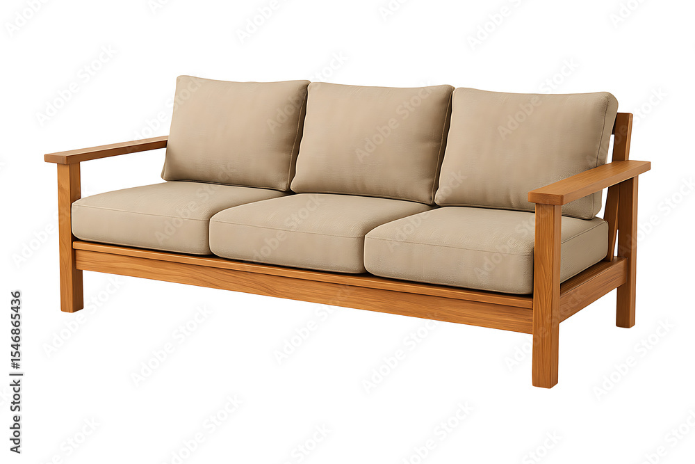 Wooden frame sofa with beige cushions isolated on transparent background Wooden frame sofa with beige cushions isolated on transparent background