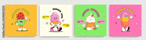 Set summer bright cards with ice cream characters,funny summer food-sundae, gelato with different emotions. Happy sweet kawaii smiling delicacy. Template for greeting,poster,leaflet, flyer, web.Vector