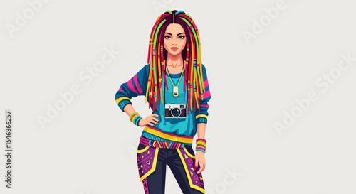 A woman with colorful dreadlocks wearing a camera shirt and patterned pants posing stylishly