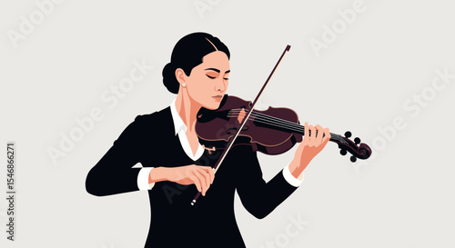 Elegant woman in a black suit gracefully playing the violin with focused expression