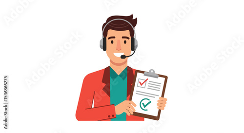 A man with a headset holding a clipboard with checkmarks in a red blazer and shirt