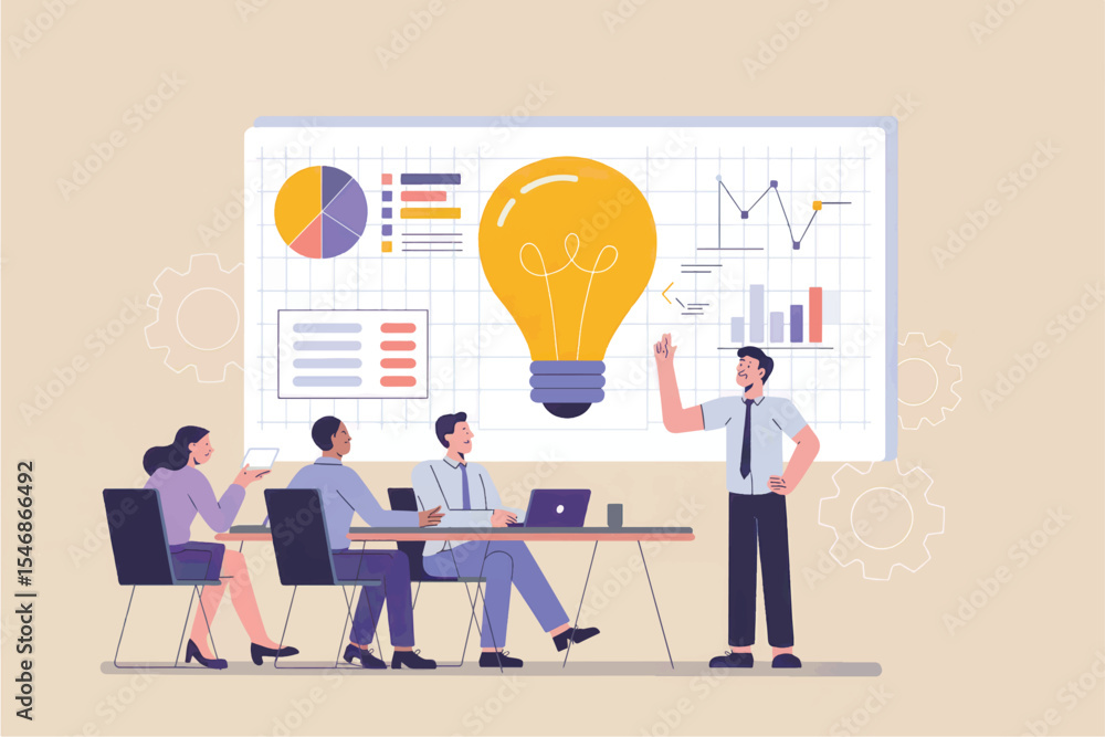 Business meeting presentation with idea bulb flat vector illustration isolated on transparent background Business meeting presentation with idea bulb flat vector illustration isolated on transparent background