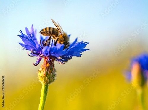 Honey bee pollinating a blue cornflower in summer sunlight. Biodiversity and pollination