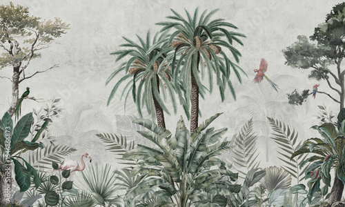 Mural Wallpaper. Watercolor Rainforest. Vintage Tropical Background © александр Бужореан