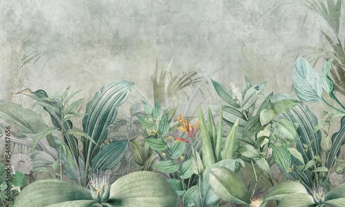 Fototapeta Mural Wallpaper. Tropical Flower Bushes Wallpaper Mural. Vintage Tropical Background	