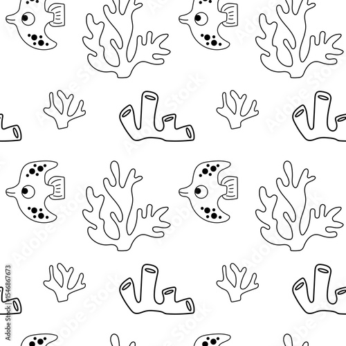 Doodle fish seamless pattern with corals.