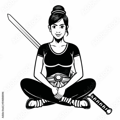 Female Warrior Sitting Cross-Legged with Samurai Sword Planted Firmly in Front of Her.