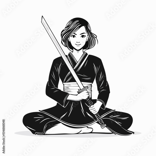 Female Warrior Sitting Cross-Legged with Samurai Sword Planted Firmly in Front of Her.