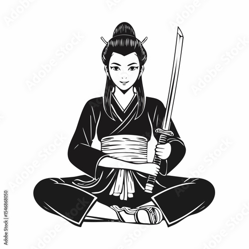 Female Warrior Sitting Cross-Legged with Samurai Sword Planted Firmly in Front of Her.