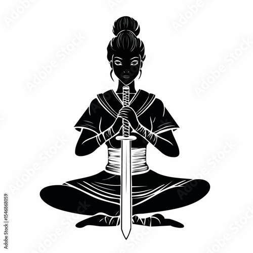 Female Warrior Sitting Cross-Legged with Samurai Sword Planted Firmly in Front of Her.