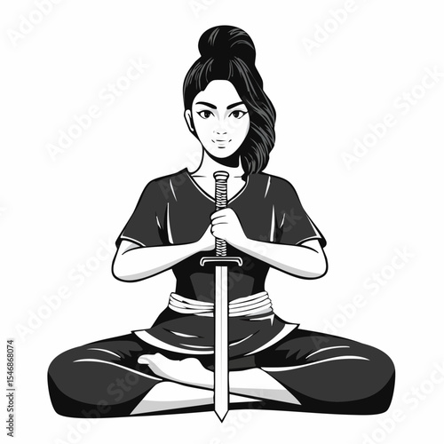 Female Warrior Sitting Cross-Legged with Samurai Sword Planted Firmly in Front of Her.
