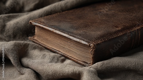 Close up shot of an old brown leather bound book resting on a textured gray fabric surface in soft light