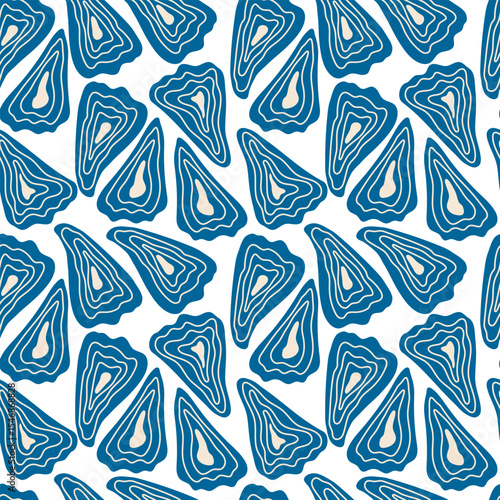 Seamless pattern with oyster shapes in blue tones. Minimalistic illustration of mollusk. Hand-drawn marine design for prints, textiles, fabric, wallpaper, wrapping paper. Vector illustration