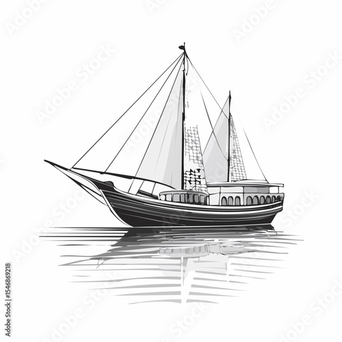 Traditional Dhow Boats Floating on calm water vector Isolated on white background.