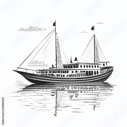 Traditional Dhow Boats Floating on calm water vector Isolated on white background.