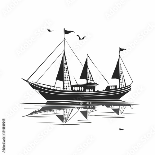Traditional Dhow Boats Floating on calm water vector Isolated on white background.