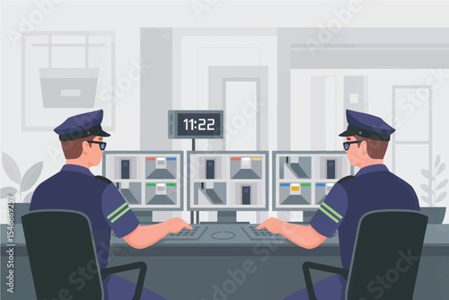 Two security guards monitoring surveillance cameras in control room flat vector illustration isolated on transparent background