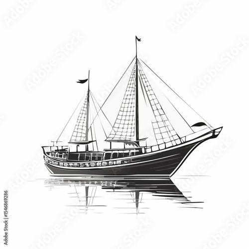 Traditional Dhow Boats Floating on calm water vector Isolated on white background.