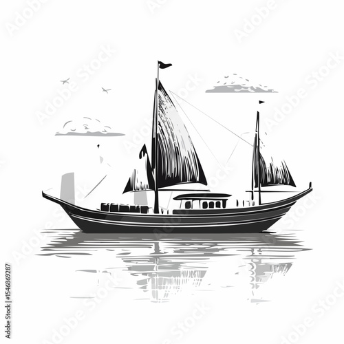 Traditional Dhow Boats Floating on calm water vector Isolated on white background.