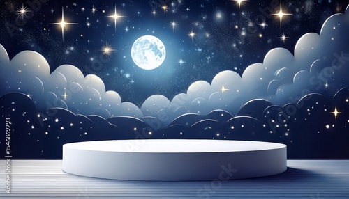 white cylindrical podium against a dreamy night sky backdrop with stars and moon