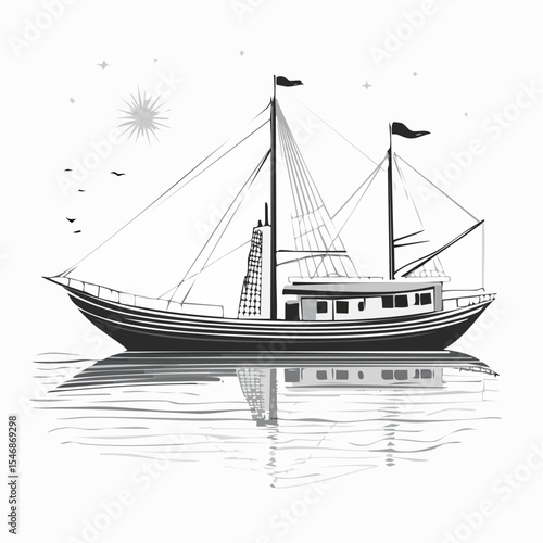 Traditional Dhow Boats Floating on calm water vector Isolated on white background.